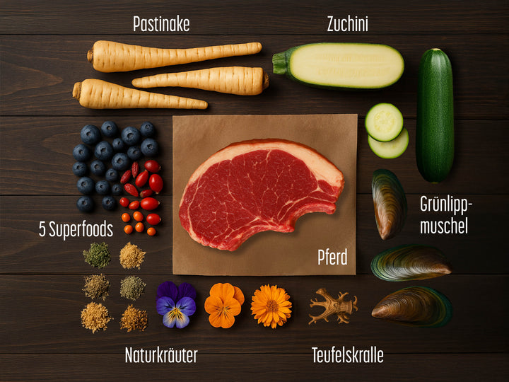 Pferd mit Pastinake, Zucchini, Superfoods und Naturkräuter